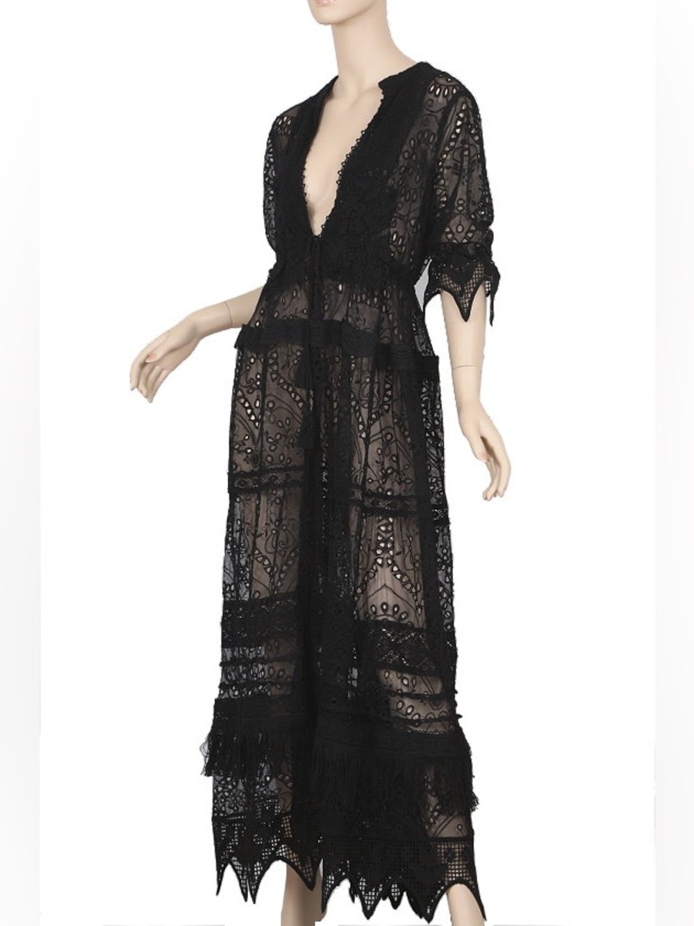 Sheer Black Crochet Lace Maxi Kaftan Dress with tie front tie